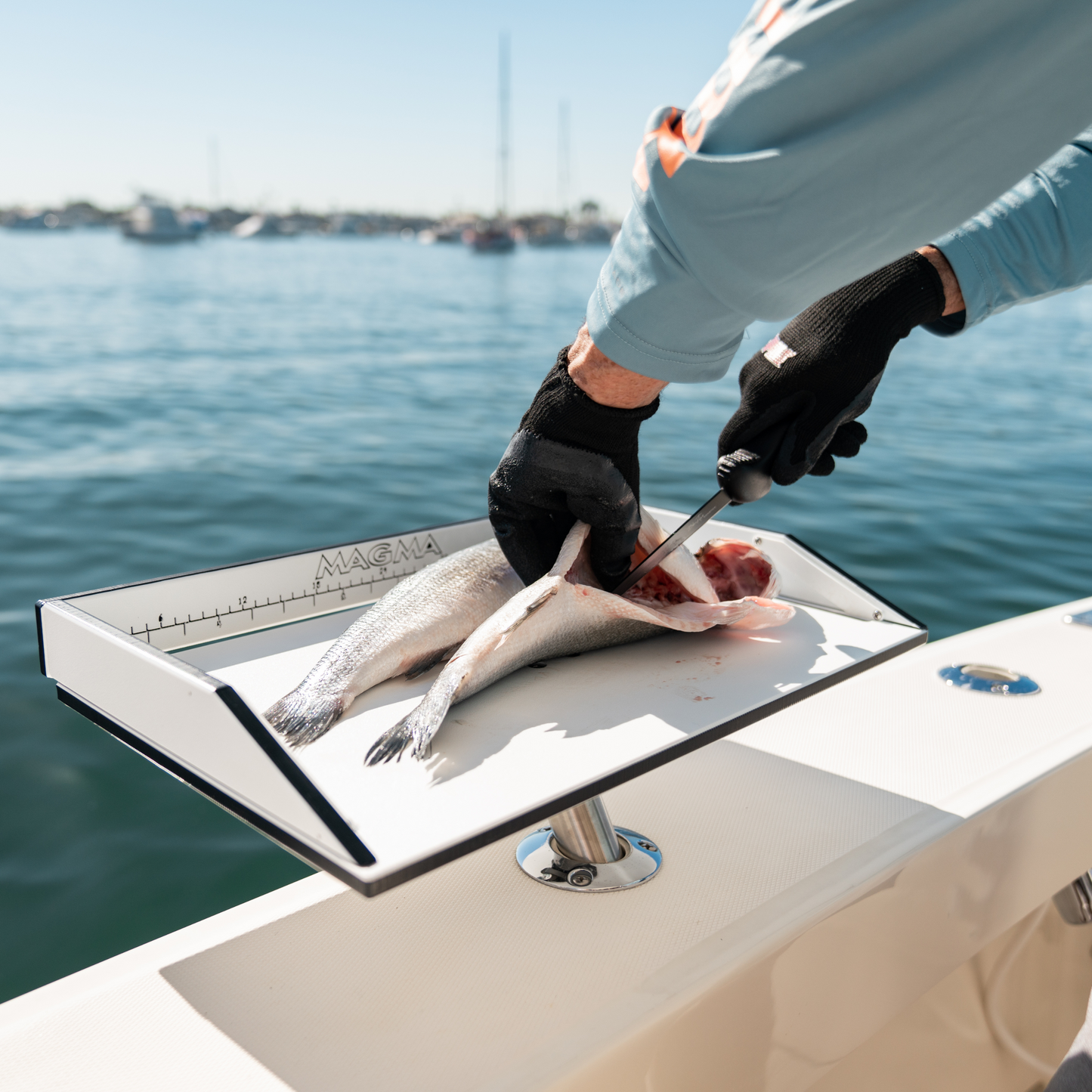 Magma T10-312B fillet table mounted and in use on a boat