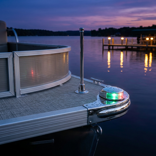Chrome combination bow navigation light mounted on a pontoon bow deck at dusk