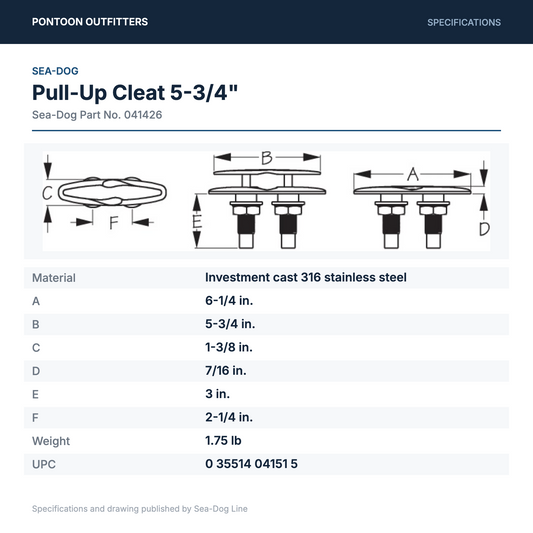 Sea-Dog 041426 pull-up cleat dimension drawing and specifications: investment cast 316 stainless steel, A 6-1/4 in, B 5-3/4 in, C 1-3/8 in, D 7/16 in, E 3 in, F 2-1/4 in, weight 1.75 lb