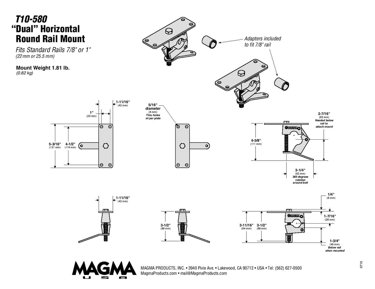 Magma T10-580 dimension drawing for 7/8 inch and 1 inch standard rails
