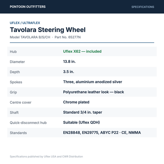 Uflex Tavolara 65277N specifications: Uflex X62 hub included, 13.8 inch diameter, 3.5 inch depth, three anodized silver aluminium spokes, black polyurethane leather-look grip, chrome plated centre cover, standard 3/4 inch taper, QDH suitable, EN28848 EN29775 ABYC P22, CE and NMMA certified