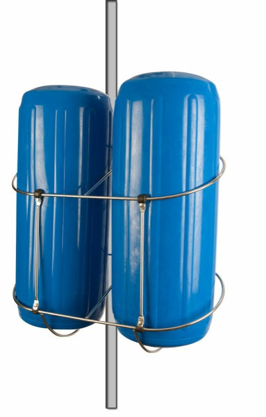 Sea-Dog 327357-1 rail mount dual fender holder in 304 stainless steel holding two boat fenders on a rail