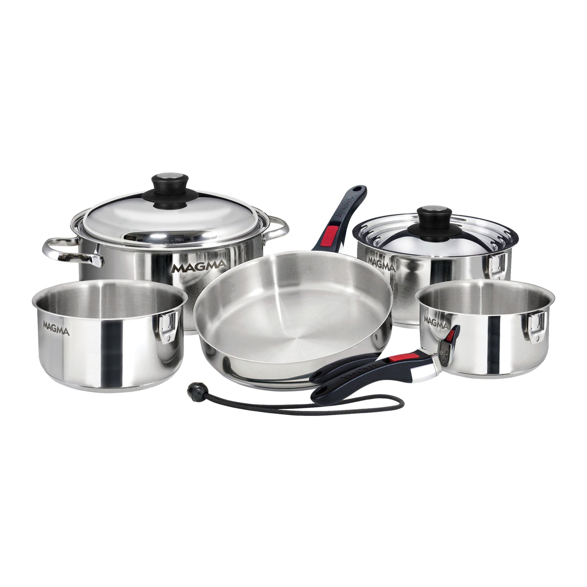 Magma A10-360L-IND 10 piece stainless nesting cookware set laid out