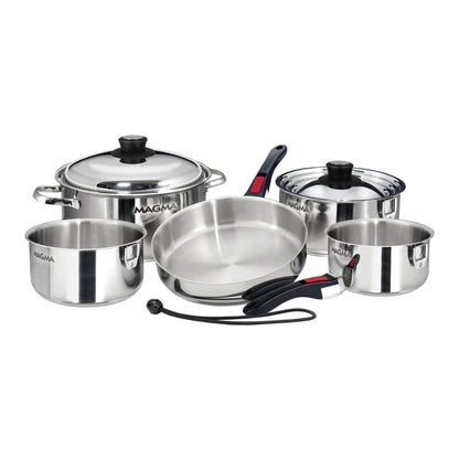 Magma A10-360L-IND 10 piece stainless nesting cookware set laid out