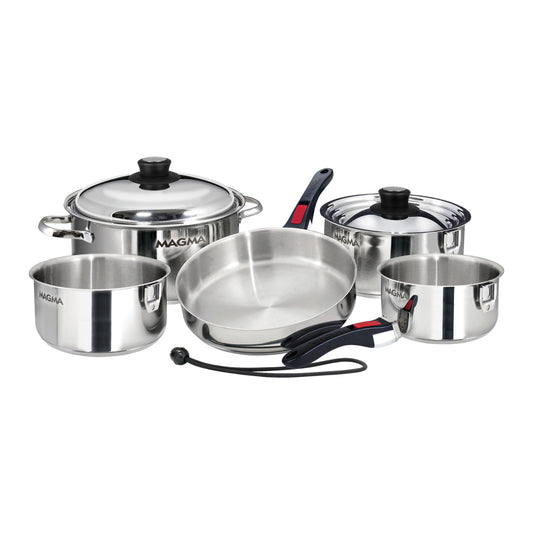 Magma A10-360L-IND 10 piece stainless nesting cookware set laid out