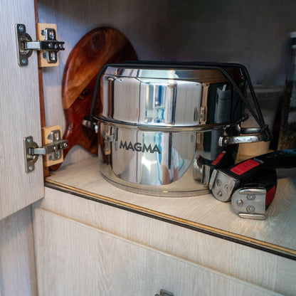 Magma A10-363-2-IND cookware set nested in a galley cabinet