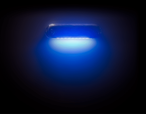 Shadow-Caster stainless courtesy light illuminated, shown in blue