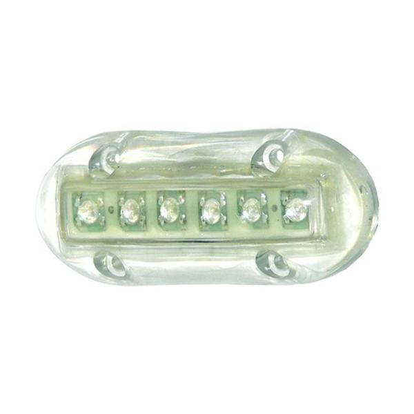 T-H Marine underwater LED light shown powered off, stainless housing detail