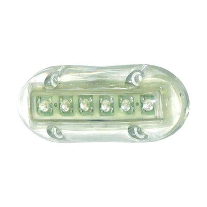 T-H Marine underwater LED light shown powered off, stainless housing detail