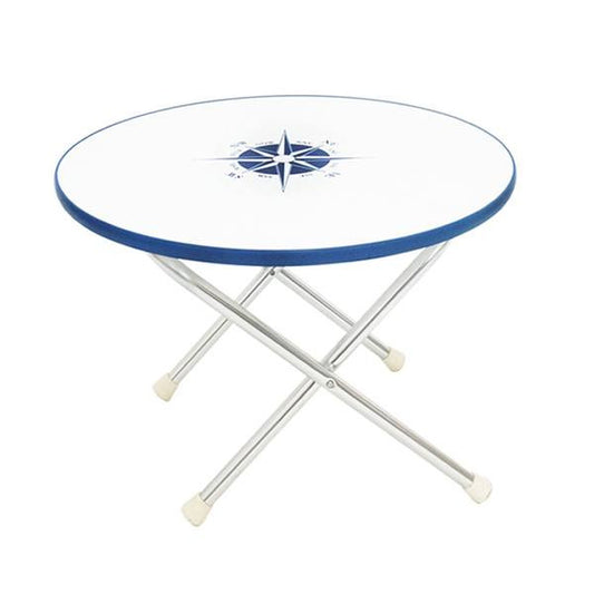 Gen3 Marine round folding boat deck table with nautical compass top and anodized aluminum legs