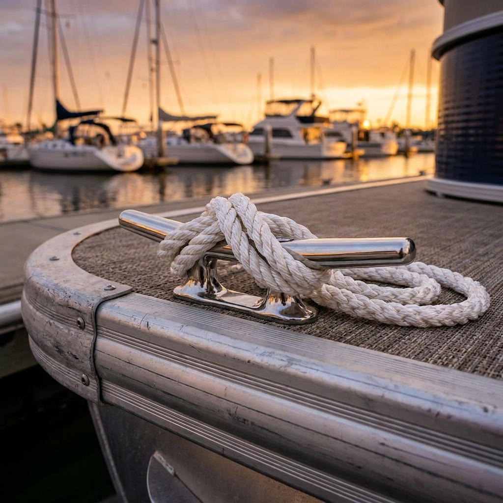 Stainless boat cleat with white dock line on a pontoon deck corner at sunset