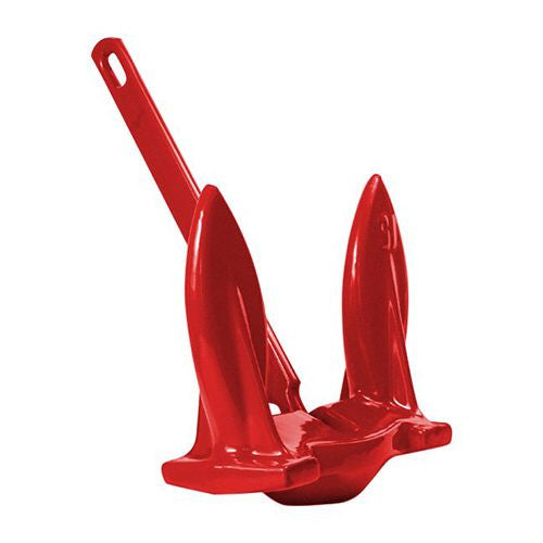 Greenfield red coated navy anchor, alternate angle showing swing arm and flukes