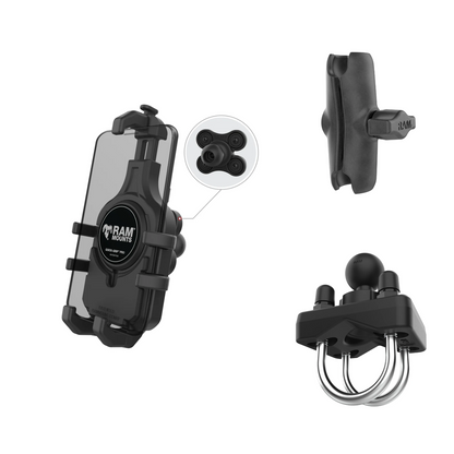 RAM Quick-Grip Pro cradle with the double socket arm and stainless U-bolt rail base, the three parts of the pontoon rail phone mount kit