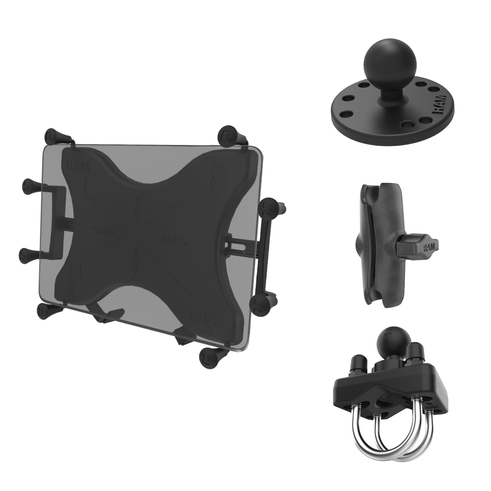 RAM X-Grip III tablet cradle with the ball plate, double socket arm and stainless U-bolt rail base, the four parts of the pontoon rail tablet mount kit