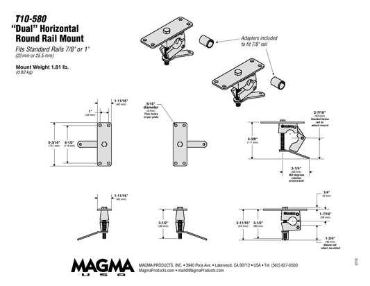 Magma T10-580 dimension drawing for 7/8 inch and 1 inch standard rails